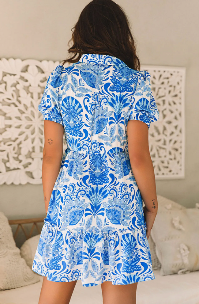 Sky Blue Retro Floral Print Drawstring Waist Ruffled Mini Dress