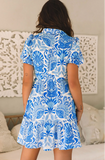 Sky Blue Retro Floral Print Drawstring Waist Ruffled Mini Dress