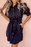 Black Button Up Tie Waist Puff Sleeve Mini Dress