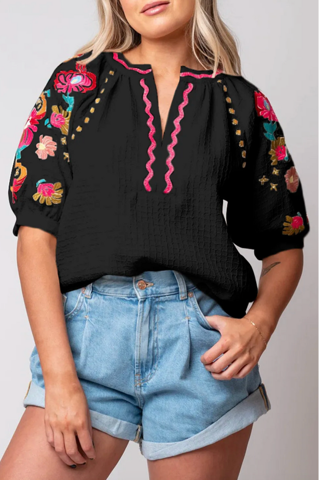 Black Floral Embroidered Ricrac Puff Sleeve Textured Blouse