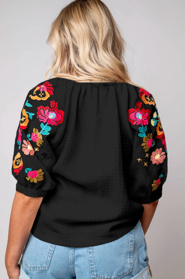 Black Floral Embroidered Ricrac Puff Sleeve Textured Blouse
