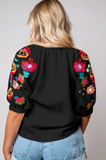 Black Floral Embroidered Ricrac Puff Sleeve Textured Blouse