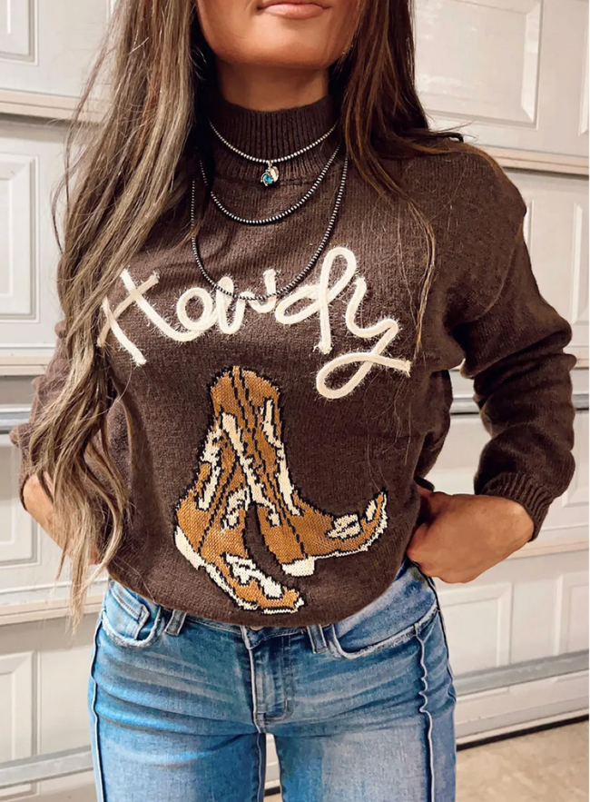 Coffee Western Howdy Boot Graphic High Neck Sweater
