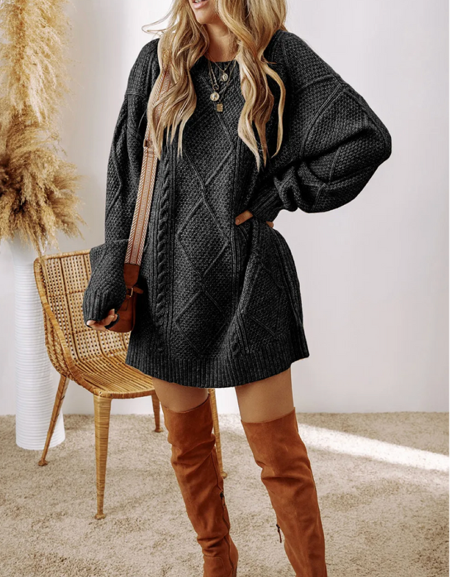 Black Cable Knit Drop Shoulder Loose Fit Sweater Dress