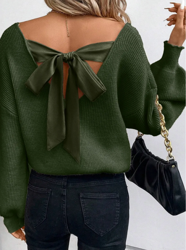 Jungle Green Lantern Sleeve V Neck Knot Back Sweater