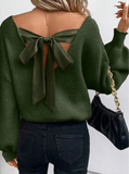 Jungle Green Lantern Sleeve V Neck Knot Back Sweater