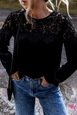 Black Lace Crochet Patchwork O Neck Long Sleeve Top