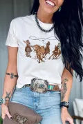 White Retro Cowboy Roping Cotton Blend Graphic Tee