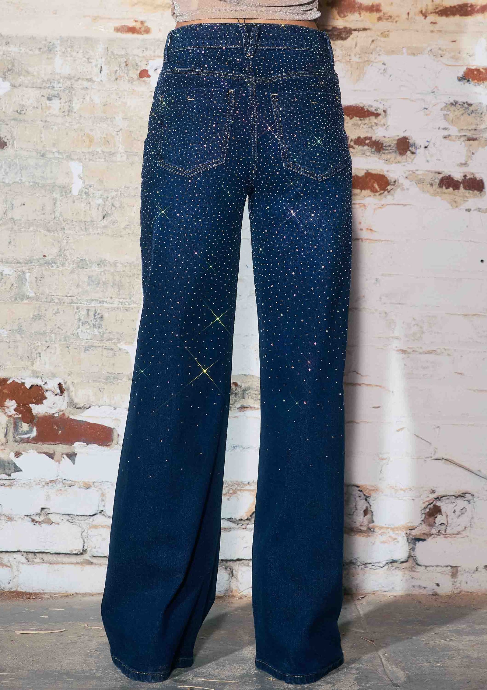 Iridescent Rhinestone High-Rise Wide Leg Jeans