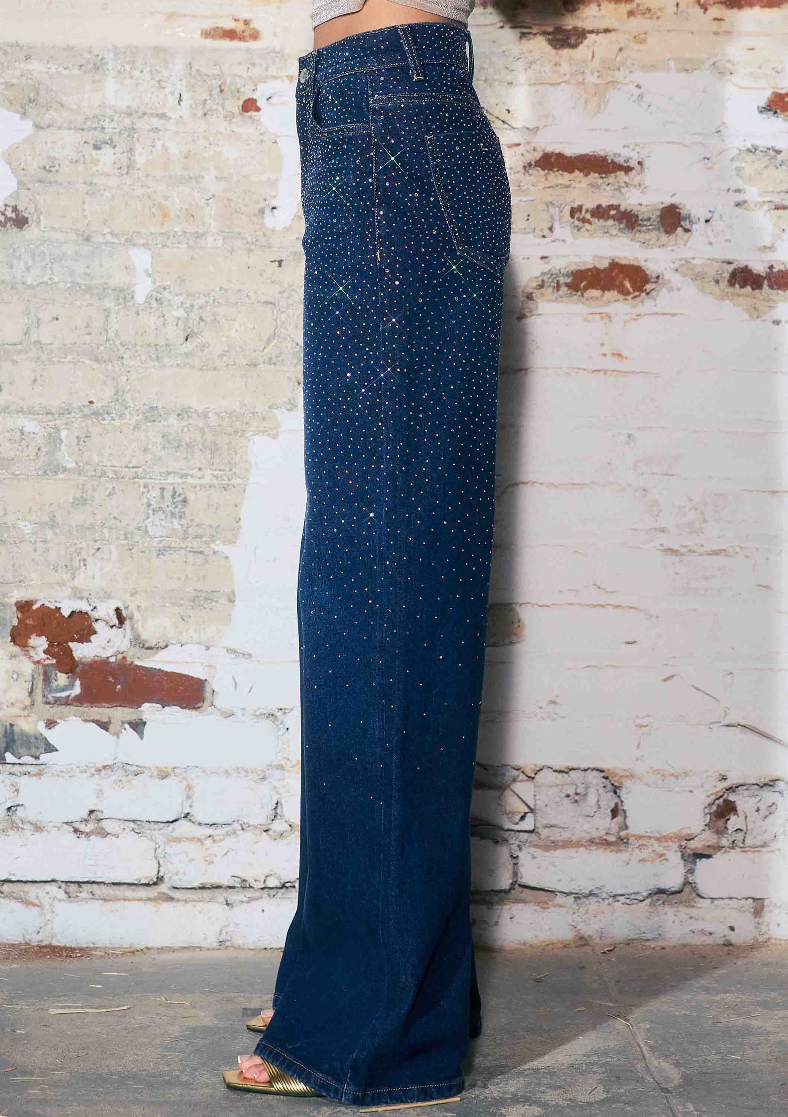 Iridescent Rhinestone High-Rise Wide Leg Jeans