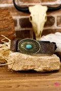 Chestnut Retro Turquoise Plate Decor Embossed Faux Leather Belt