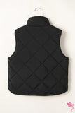 Black Quilted High Neck Button Up Pocket Vest Coat