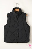 Black Quilted High Neck Button Up Pocket Vest Coat