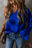 Dark Blue Asymmetric One Shoulder Bell Sleeve Satin Blouse