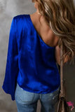 Dark Blue Asymmetric One Shoulder Bell Sleeve Satin Blouse