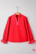 Fiery Red Striped Trim Ruffle Split Neck Long Sleeve Blouse