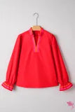 Fiery Red Striped Trim Ruffle Split Neck Long Sleeve Blouse