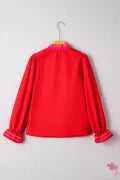 Fiery Red Striped Trim Ruffle Split Neck Long Sleeve Blouse