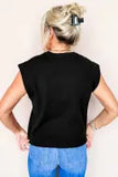 Black Solid Color Crew Neck Knit Cap Sleeve Sweater