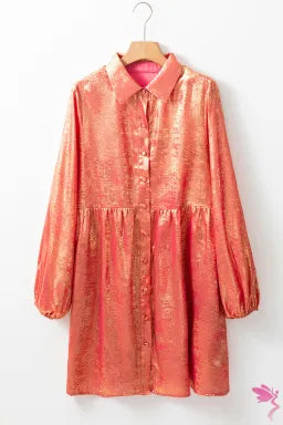 Peach Blossom Metallic Sheen Puff Sleeve Button Up Mini Shirt Dress