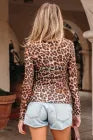Brown Leopard Mock Neck Long Sleeve Mesh Top