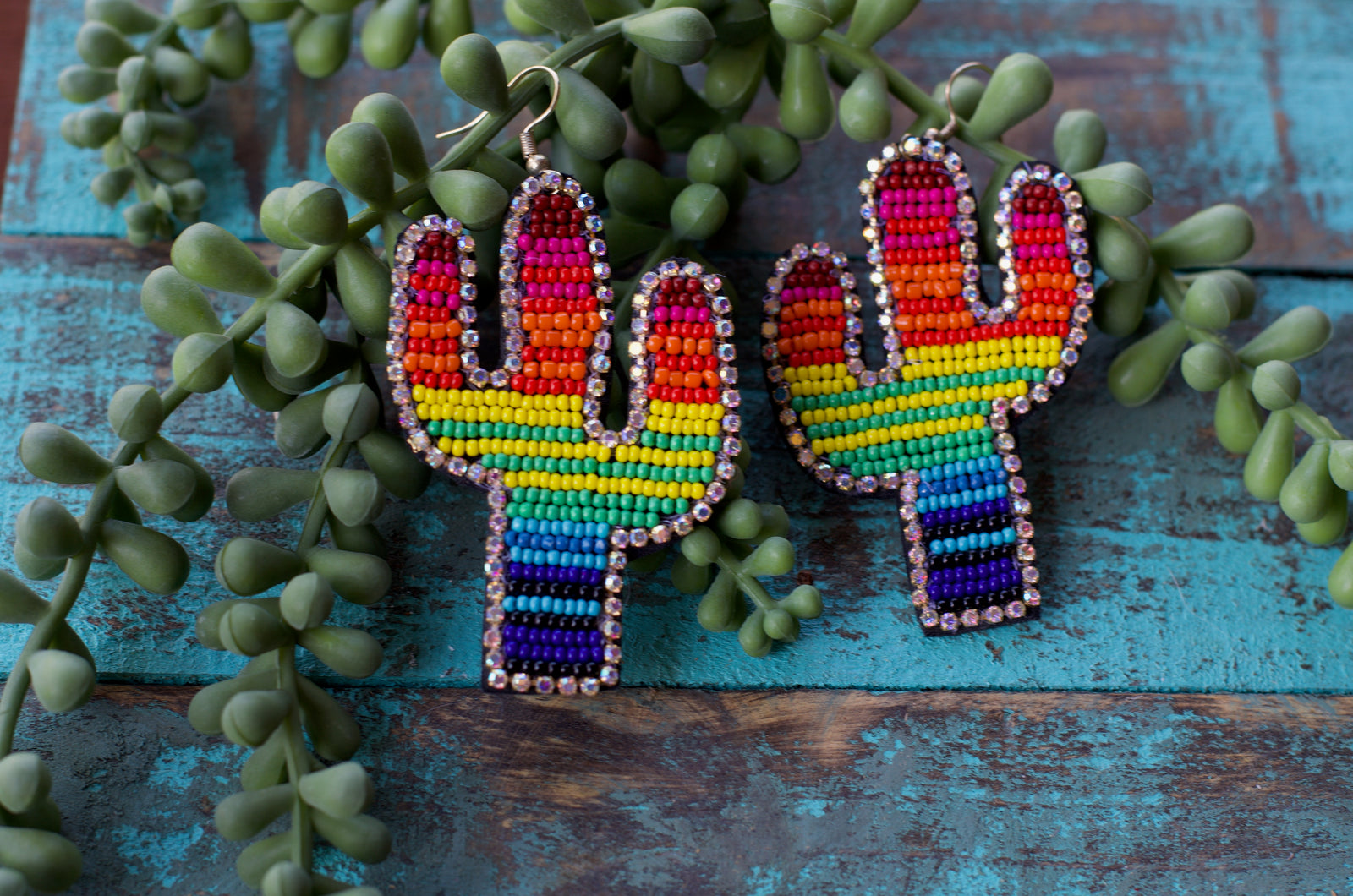 Rainbow Beaded Cactus Earrings