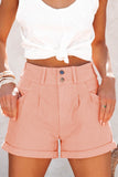 Pleated Rolled Hem Button Fly Denim Shorts