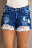 Lace Splicing Distressed Denim Shorts