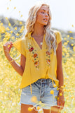 Yellow floral embroidered flutter sleeve top