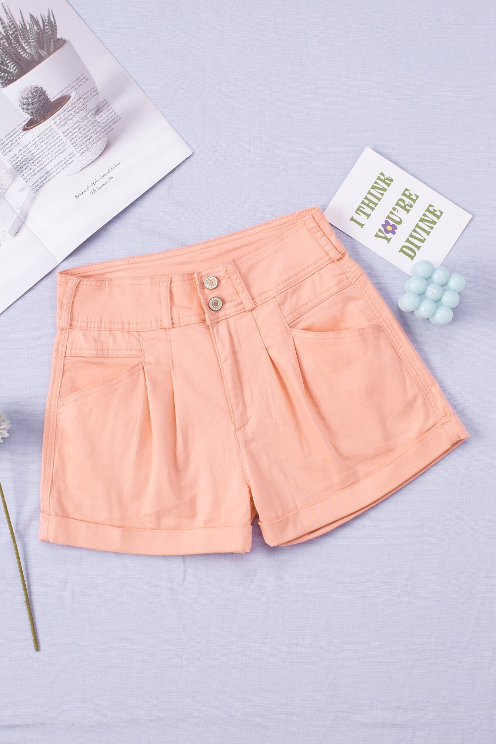 Pleated Rolled Hem Button Fly Denim Shorts